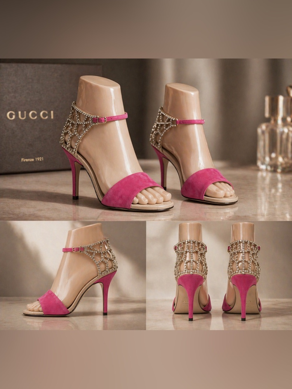 GUCCI Pink and Nude Embellished crystal back extending above Heels SIZE 37.5 - Picture 3 of 11